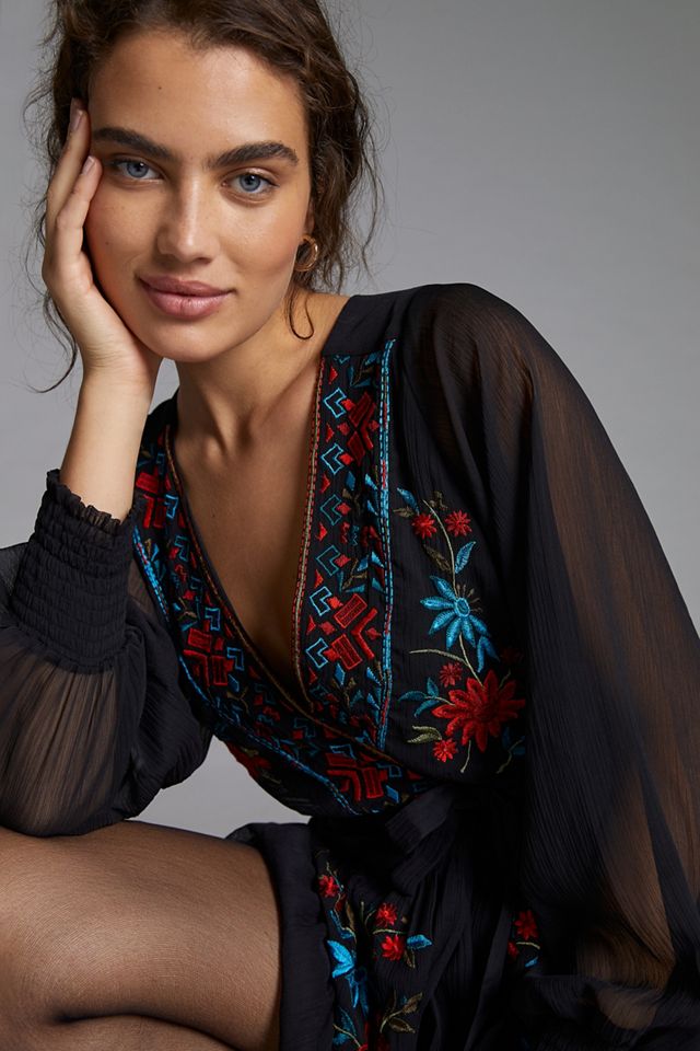 Embroidered Wrap Mini Dress #3