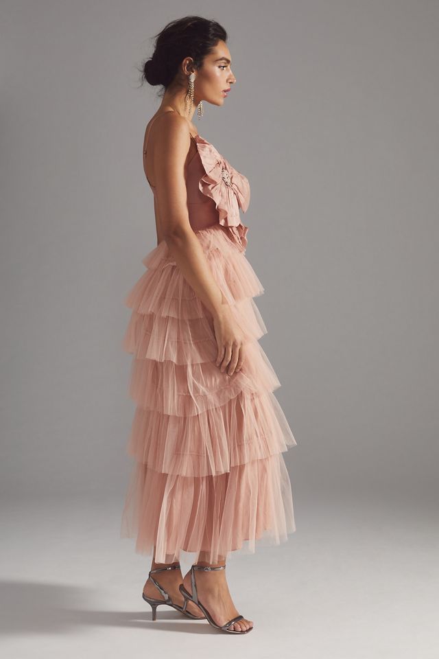 kavita bhartia deep-v sheer tiered tulle dress Kavita Bhartia Rosette Tiered Tulle Gown