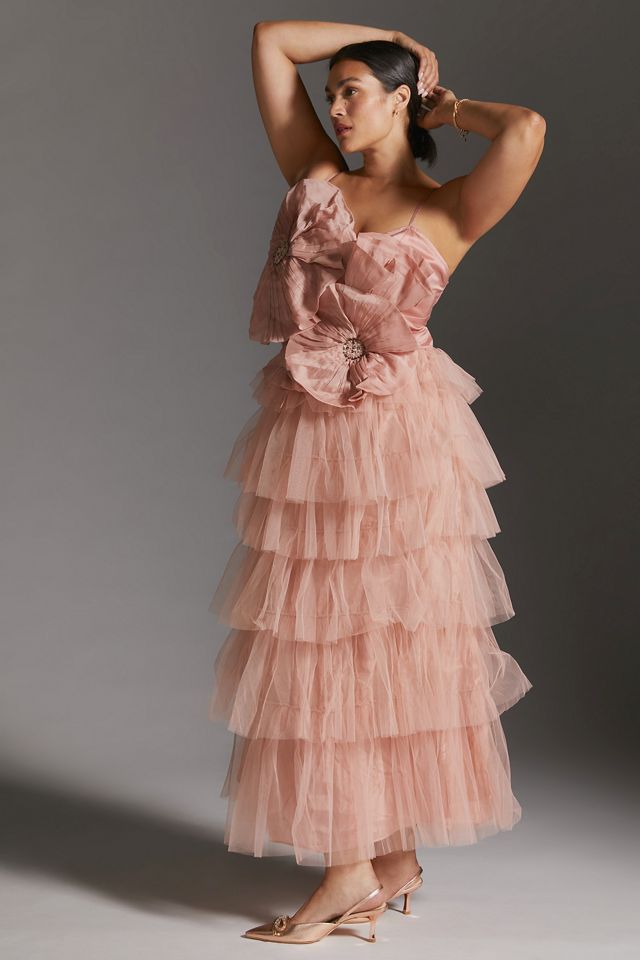kavita bhartia deep-v sheer tiered tulle dress Anthropologie | Dresses | Kavita Bhartia Rosette Tiered Tulle Gown