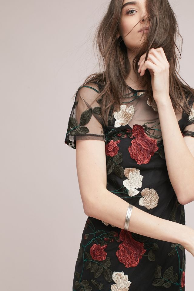 By Anthropologie Sheer Floral Embroidered Mesh Midi Dress