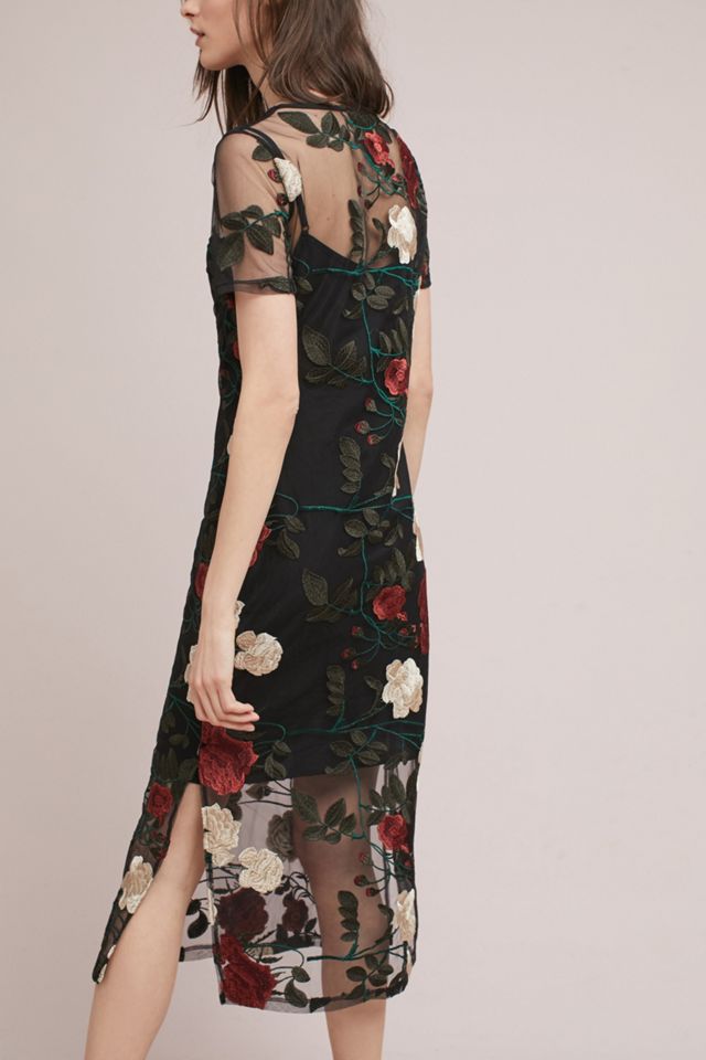 sachin and babi light blue dress ASOS DESIGN mesh bodycon midi dress with rose floral embroidery in black main image 0