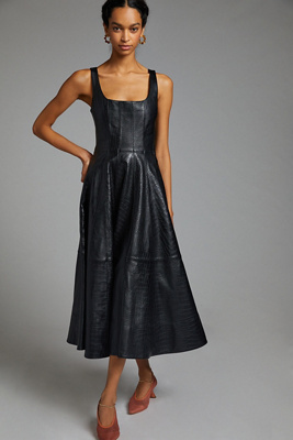 anthropologie vegan leather midi dress Maeve Sleeveless Faux-Leather Wrap Midi Dress