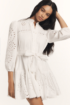 Avec Les Filles Long-sleeve Eyelet Lace Mini Dress In White