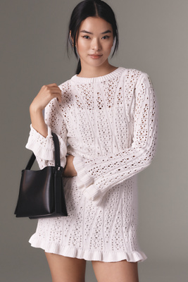 Shop Avec Les Filles Long-sleeve Ruffle-edge Sweater Mini Dress In White