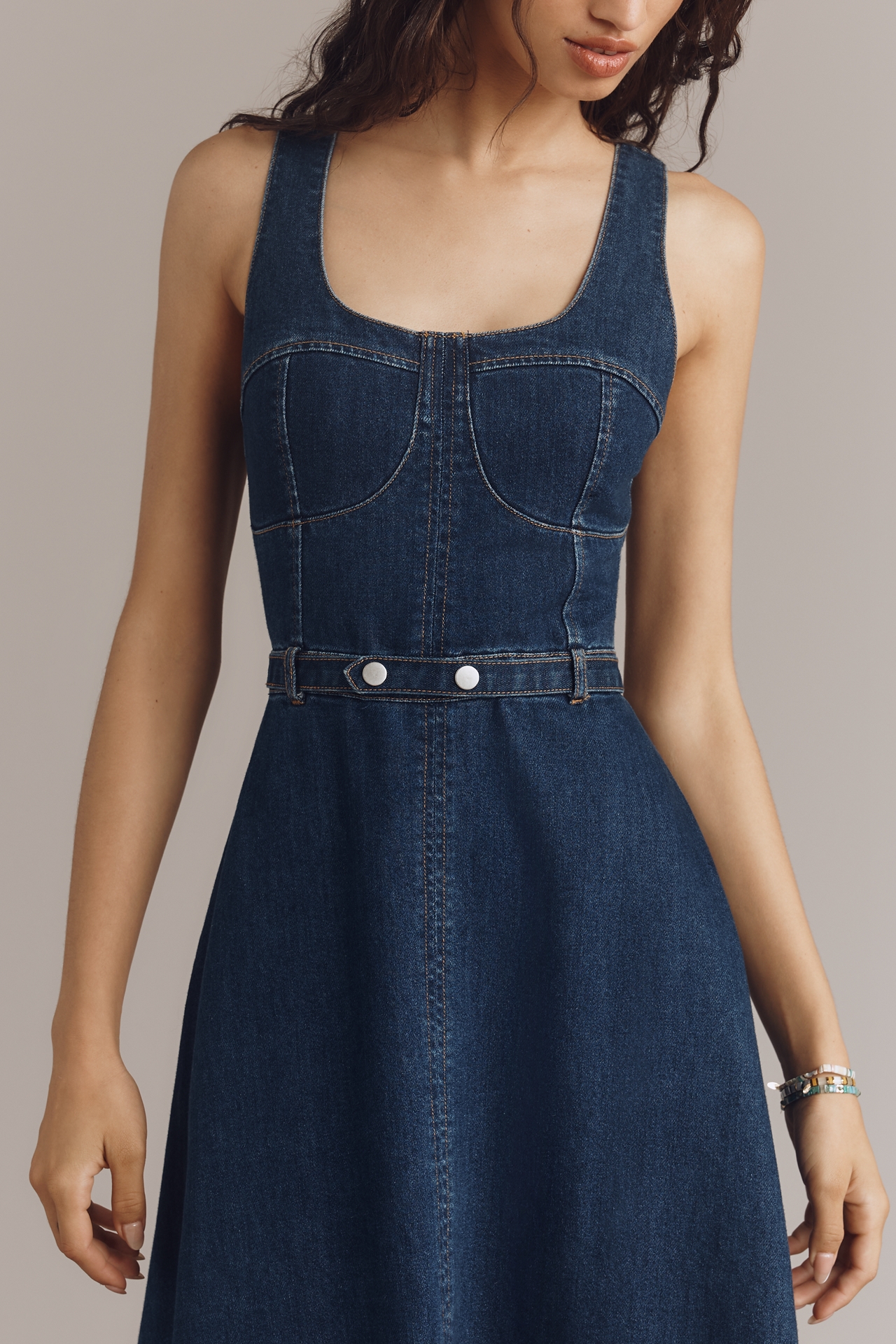 Avec Les Filles Sleeveless Belted Denim Midi Dress