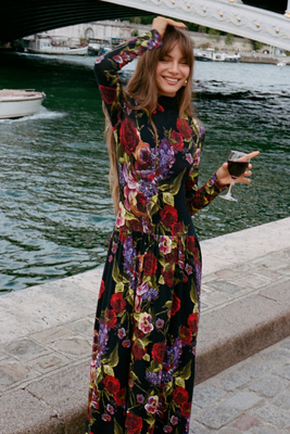 Avec Les Filles Long-sleeve Mock-neck Midi Dress In Multi