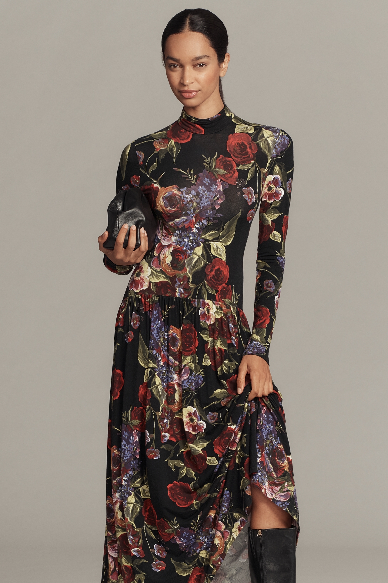 Avec Les Filles Long-Sleeve Mock-Neck Midi Dress