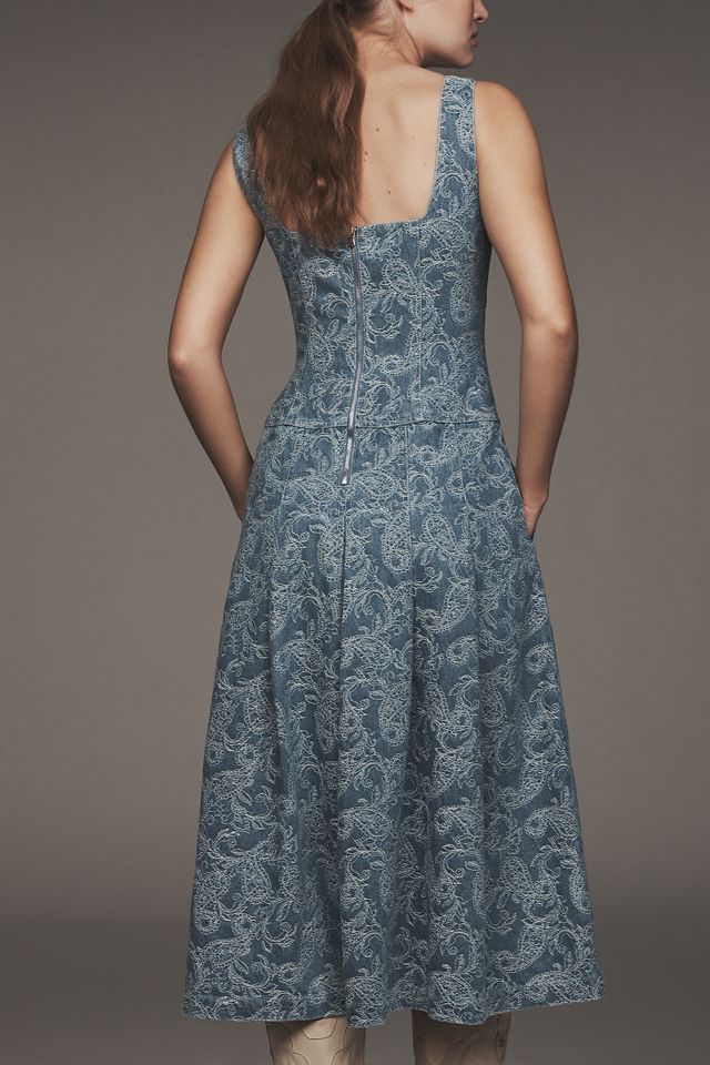 Avec Les Filles Square-Neck Embroidered Denim Midi Dress #1