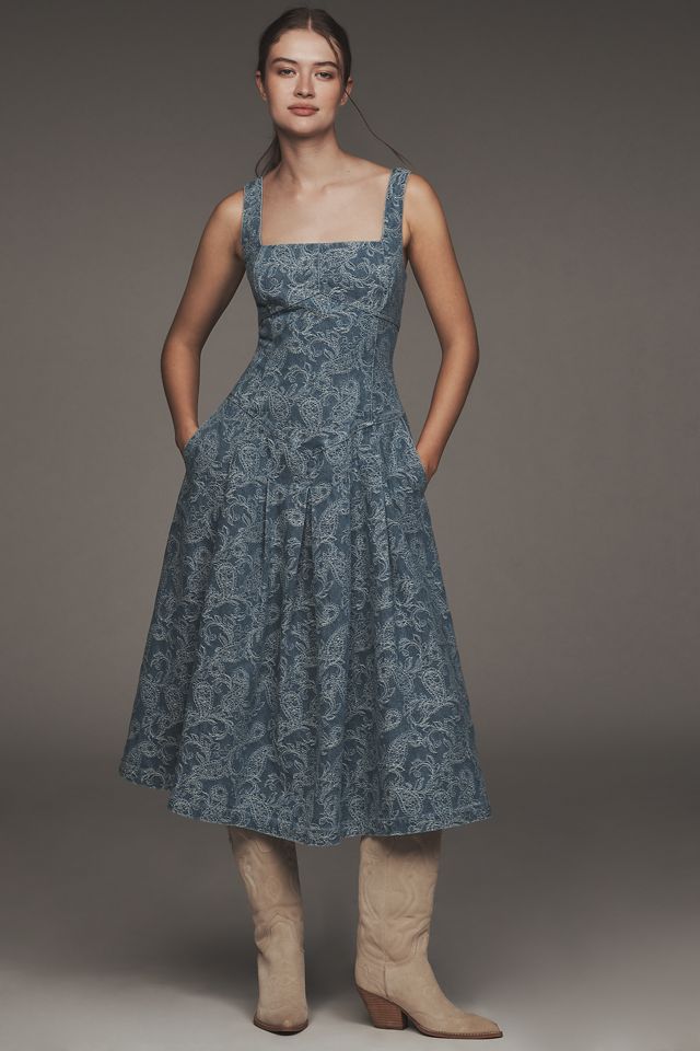 Avec Les Filles Square-Neck Embroidered Denim Midi Dress #2