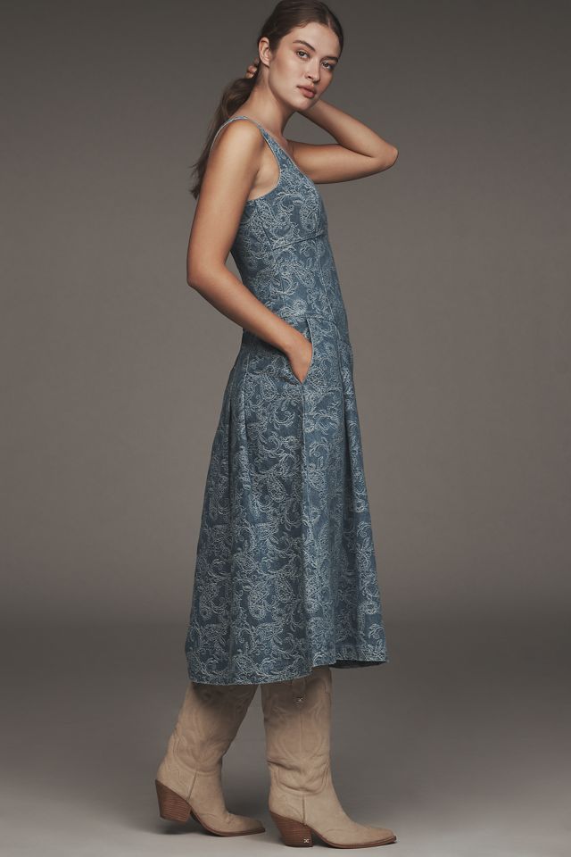 Avec Les Filles Square-Neck Embroidered Denim Midi Dress #3