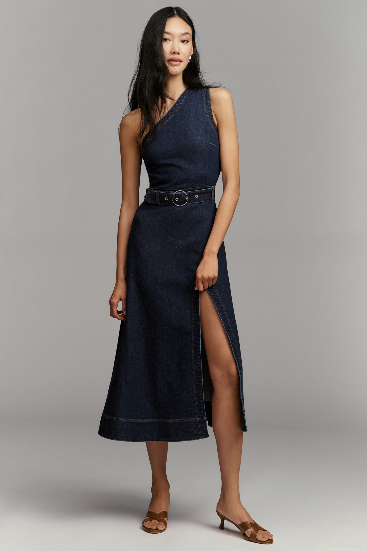 Avec Les Filles Belted One-Shoulder Shirt Dress