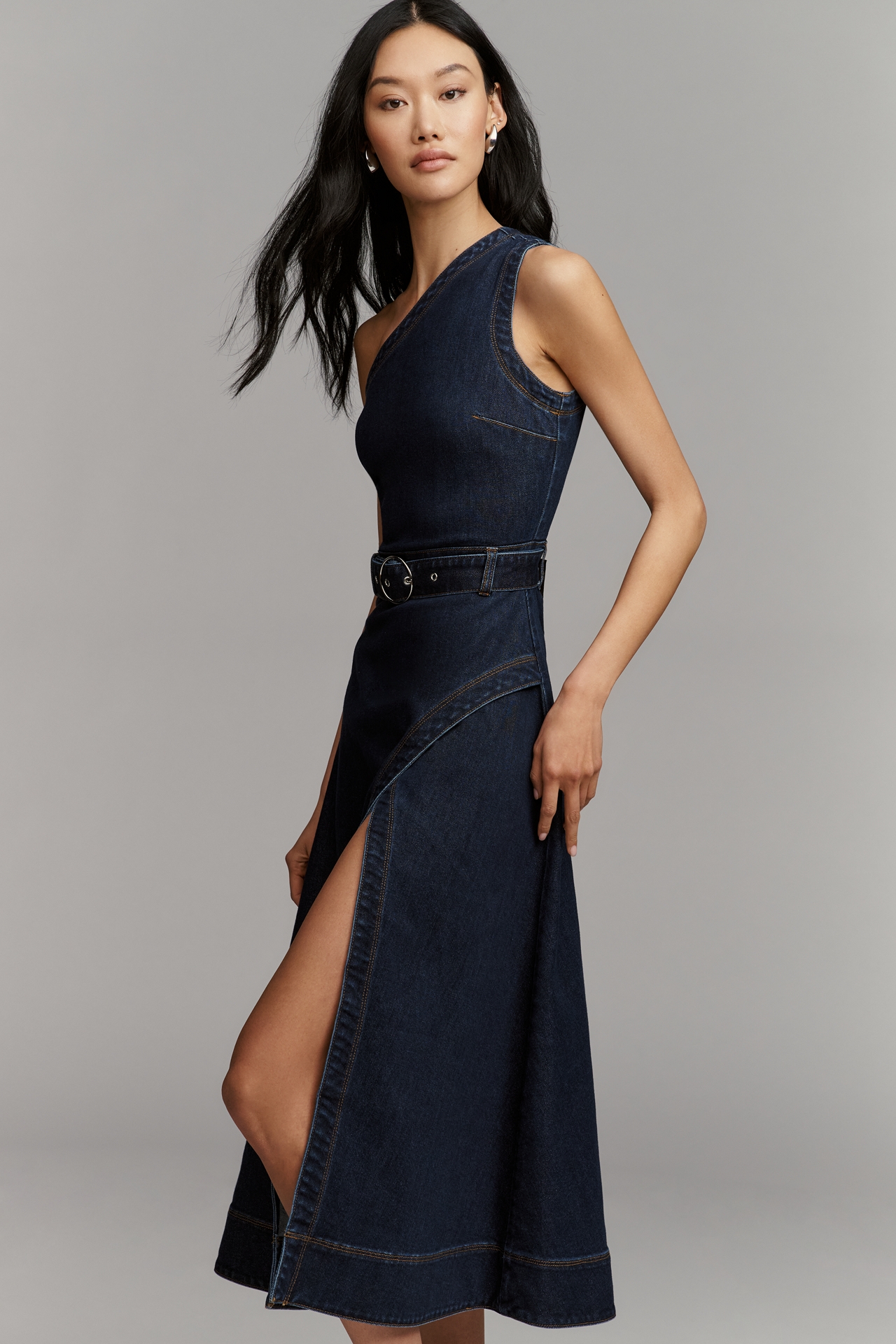 Avec Les Filles Belted One-Shoulder Shirt Dress