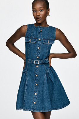 avec les filles sweetheart drop-waist denim mini dress Avec Les Filles Sleeveless Belted Denim Mini Dress