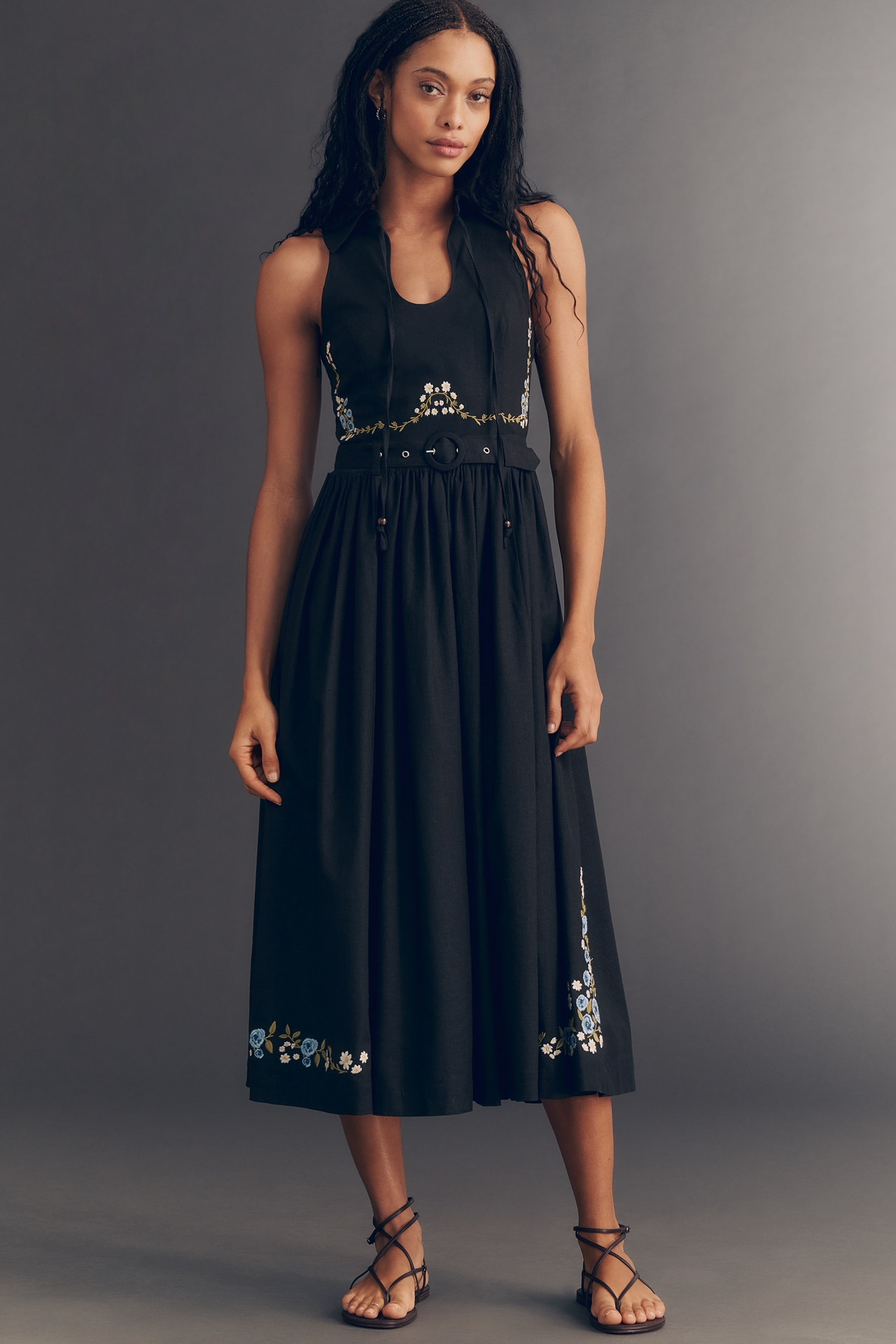 Avec Les Filles Tie-Neck Cinched Midi Dress