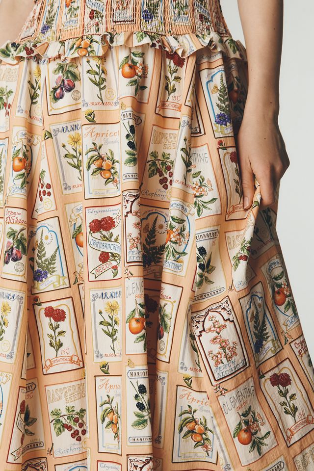 Cotton Fruit Floral Smocked Midi Dress