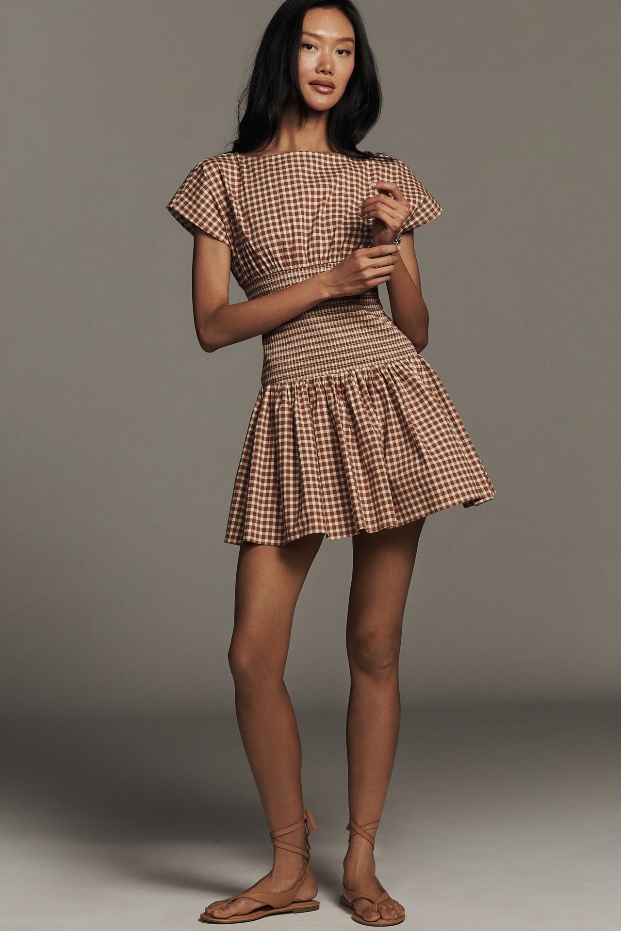 Avec Les Filles Waisted Boat-Neck Short-Sleeve Mini Dress