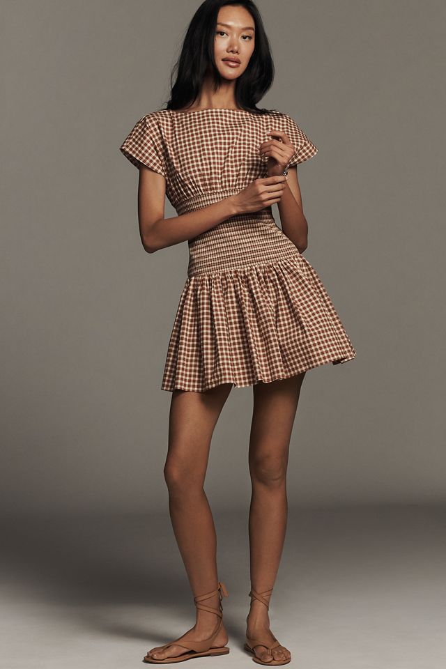 Avec Les Filles Waisted Boat-Neck Short-Sleeve Mini Dress