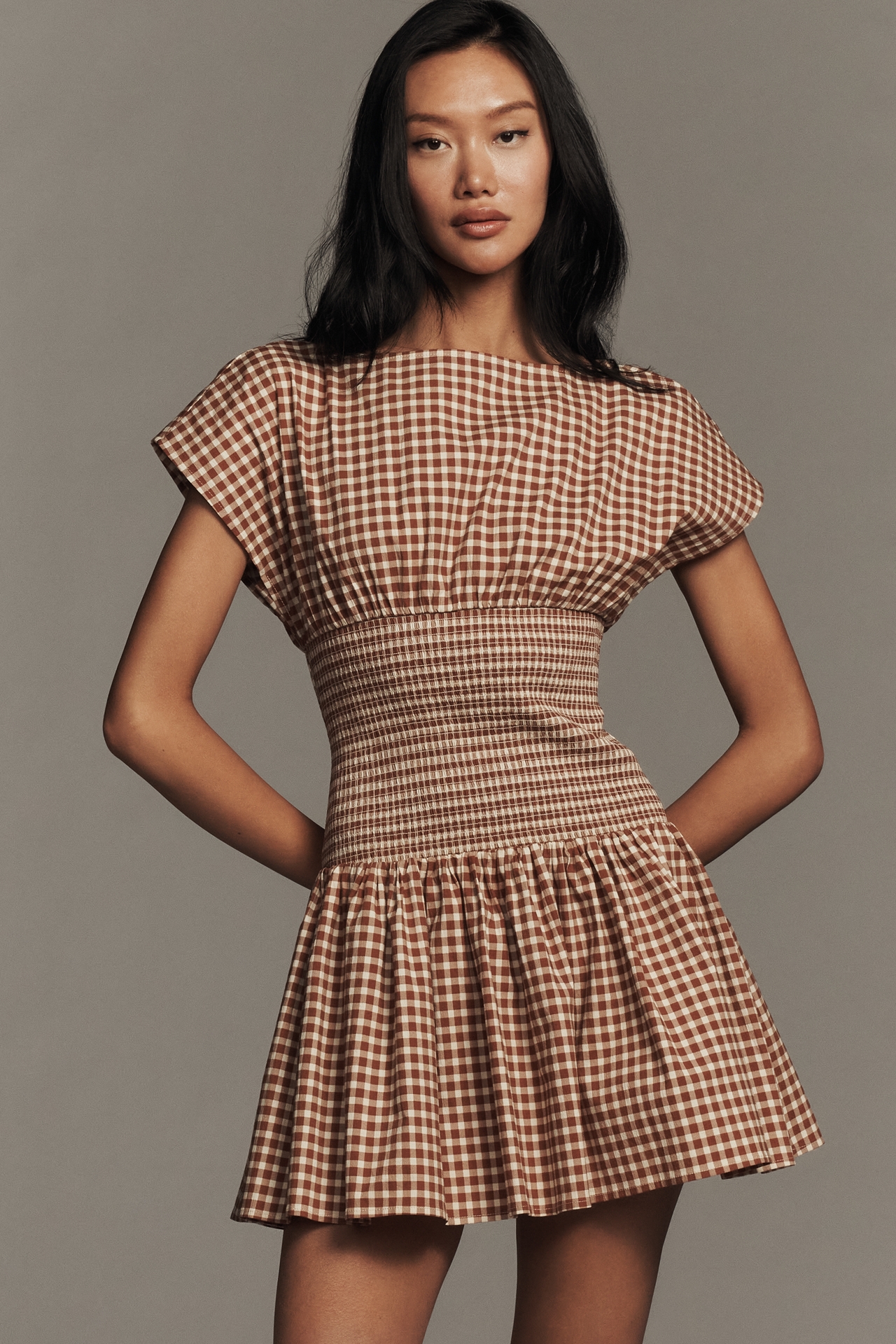 Avec Les Filles Waisted Boat-Neck Short-Sleeve Mini Dress