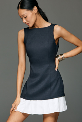 Boat-Neck Pleated-Hem Mini Dress