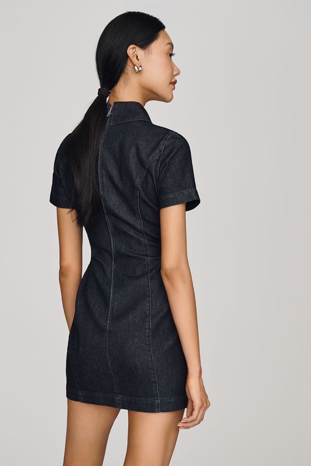avec les filles denim dress Stretch Denim Collared Keyhole Mini Dress