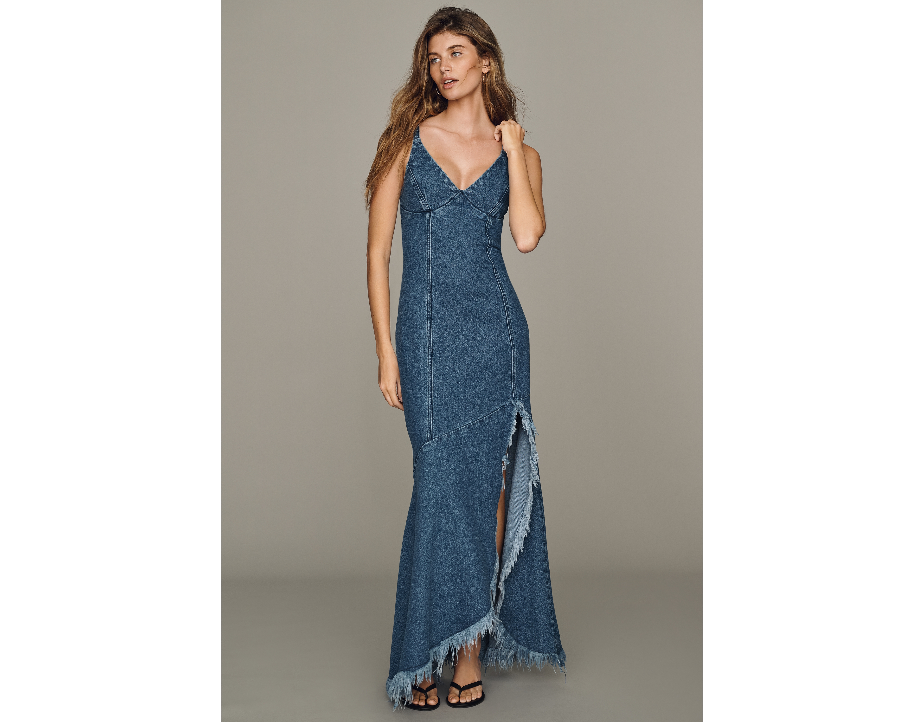 Avec Les Filles Frayed Hem Denim Maxi Dress