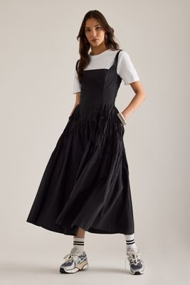 By Anthropologie Ruched Bow Midi Pinafore Dress