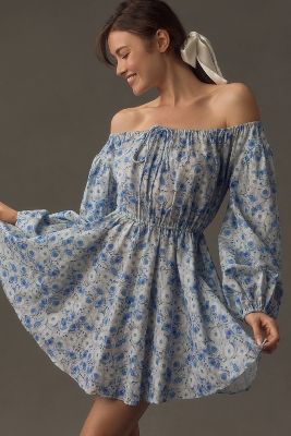 Shop Astr Long-sleeve Off-the-shoulder Linen Mini Dress In Blue