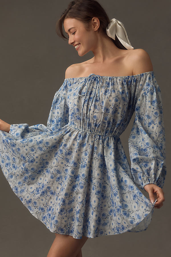 Astr Long-sleeve Off-the-shoulder Linen Mini Dress In Blue
