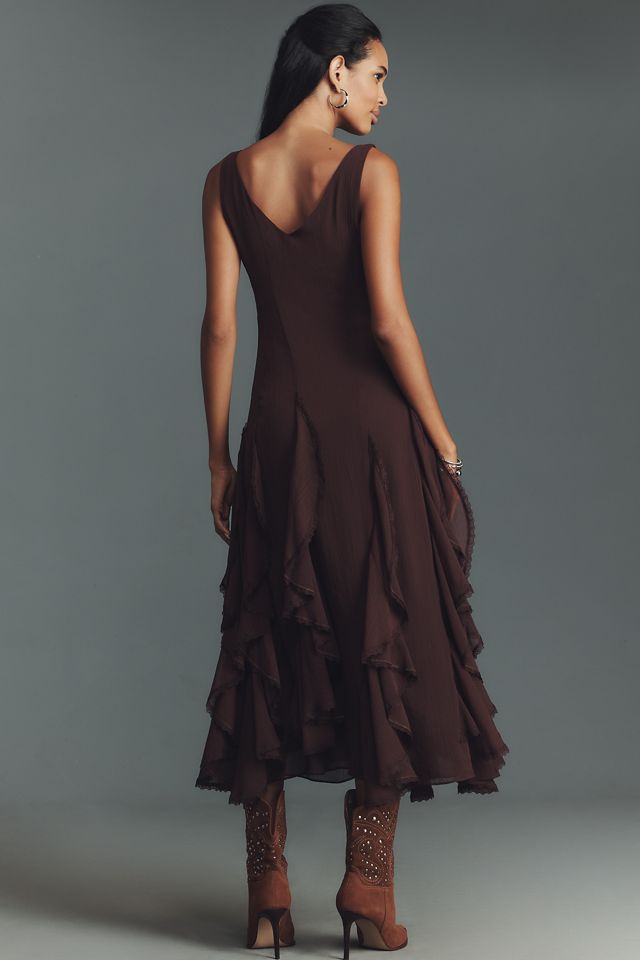 ASTR The Label Philomene V-Neck Ruffled Midi Dress