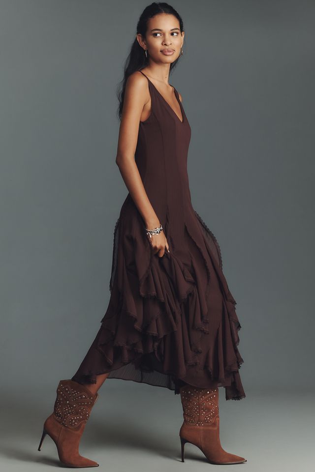 ASTR The Label Philomene V-Neck Ruffled Midi Dress