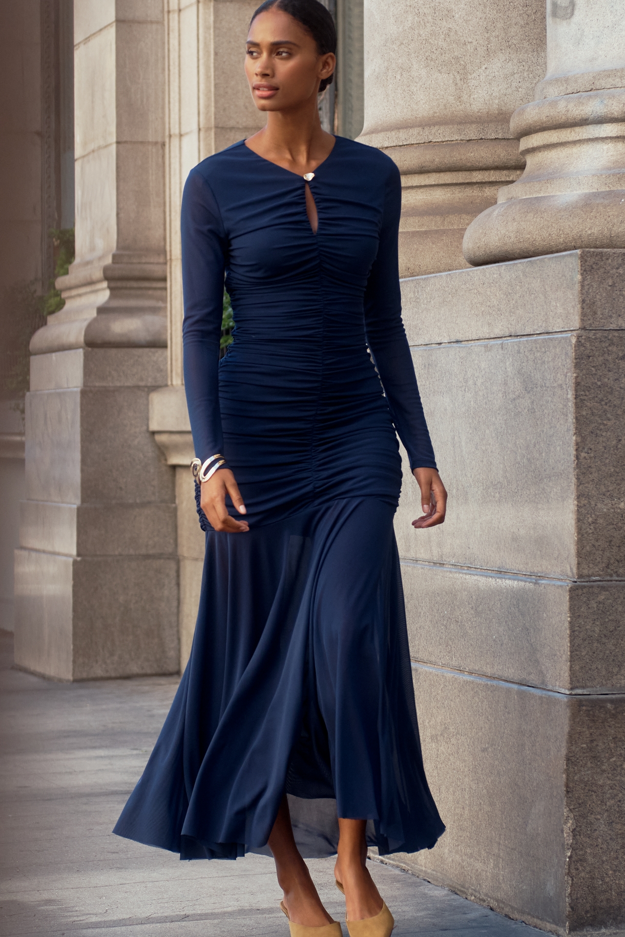 ASTR The Label Yasmine Long-Sleeve Ruched Mesh Maxi Dress