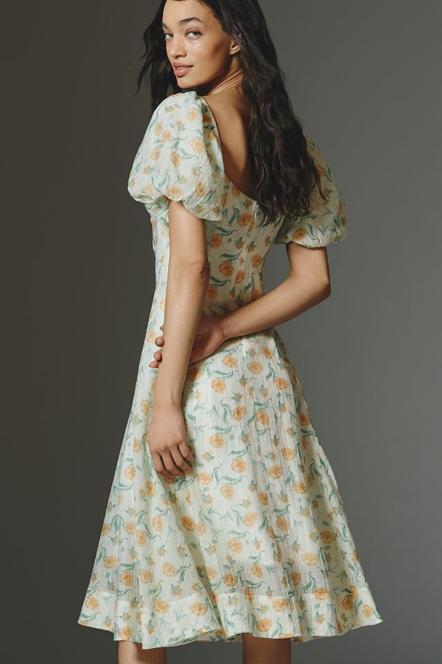 ASTR The Label Mayra V-Neck A-Line Puff-Sleeve Midi Dress | Anthropologie
