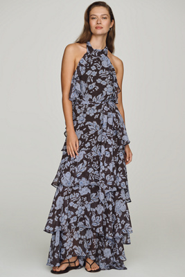 Astr Halter Ruffled Maxi Dress In Brown