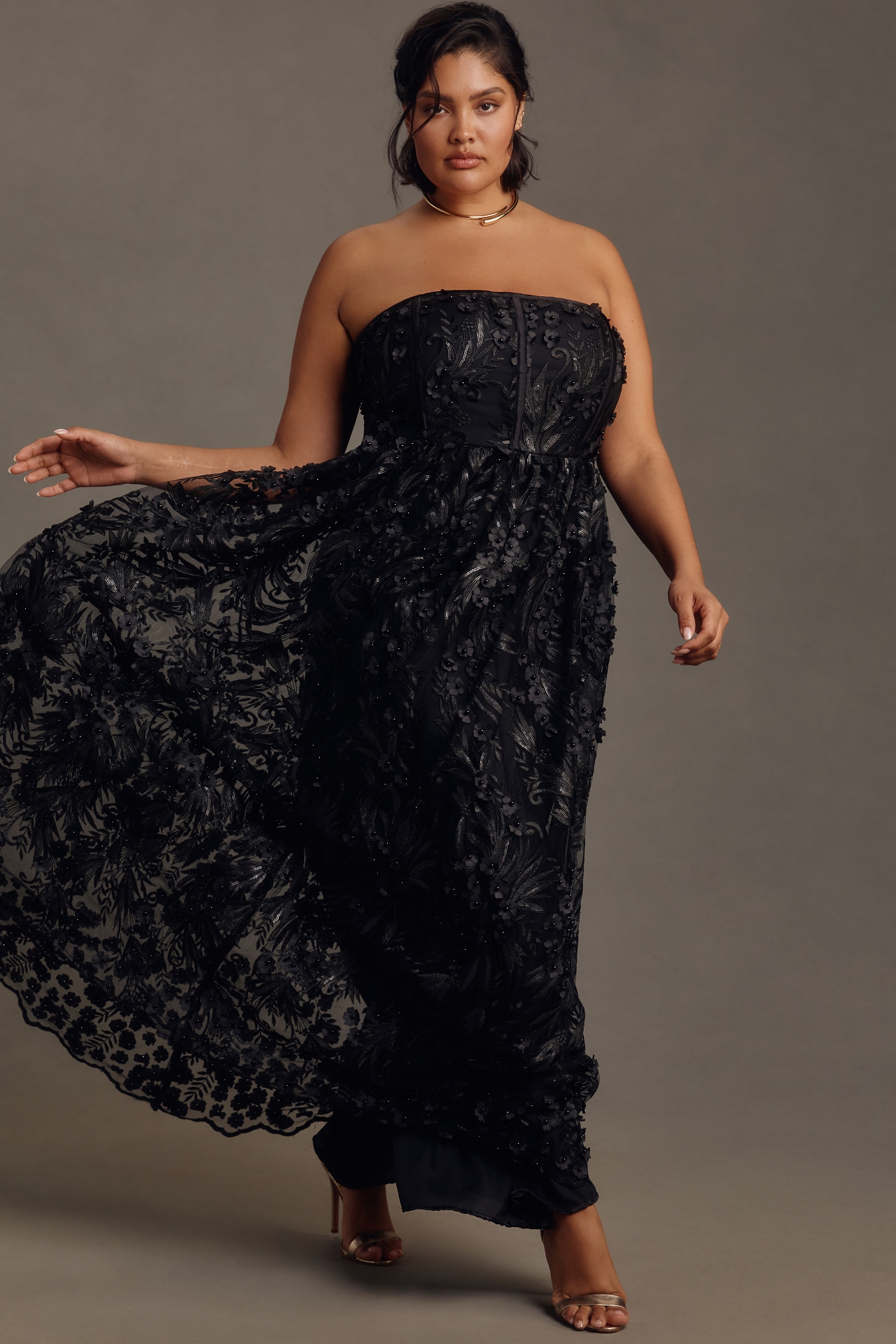 Payal Jain Strapless Lace Maxi Dress