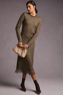 Moon River Fringed Sweater Dress In Green | ModeSens