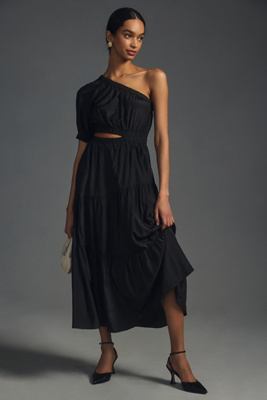 Moon River One-shoulder Cutout Midi Dress In Black