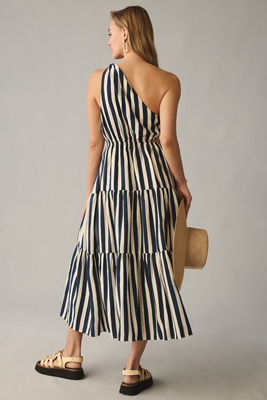 MOON RIVER Women's Shirred Tiered Midi Dress With Cutout Back Tie Detail - Flowy Summer Dress