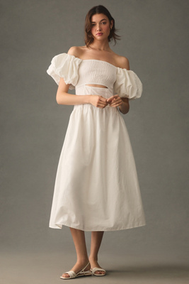 cue off the shoulder dress Off Shoulder Sleeveless Satin Homecoming Dress With Ruffles PD540 US8 / White