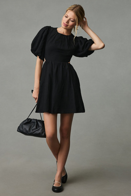 Moon River Open Back Puff Sleeve Mini Dress In Black