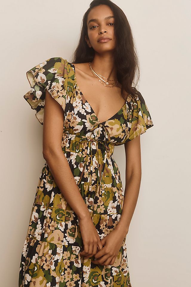 moon river dresses Off-The-Shoulder Cutout Maxi Dress neck design and exquisite covered buttons Moon River Women's Tie Strap