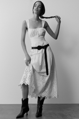 Moon River Tiered Eyelet Midi Dress