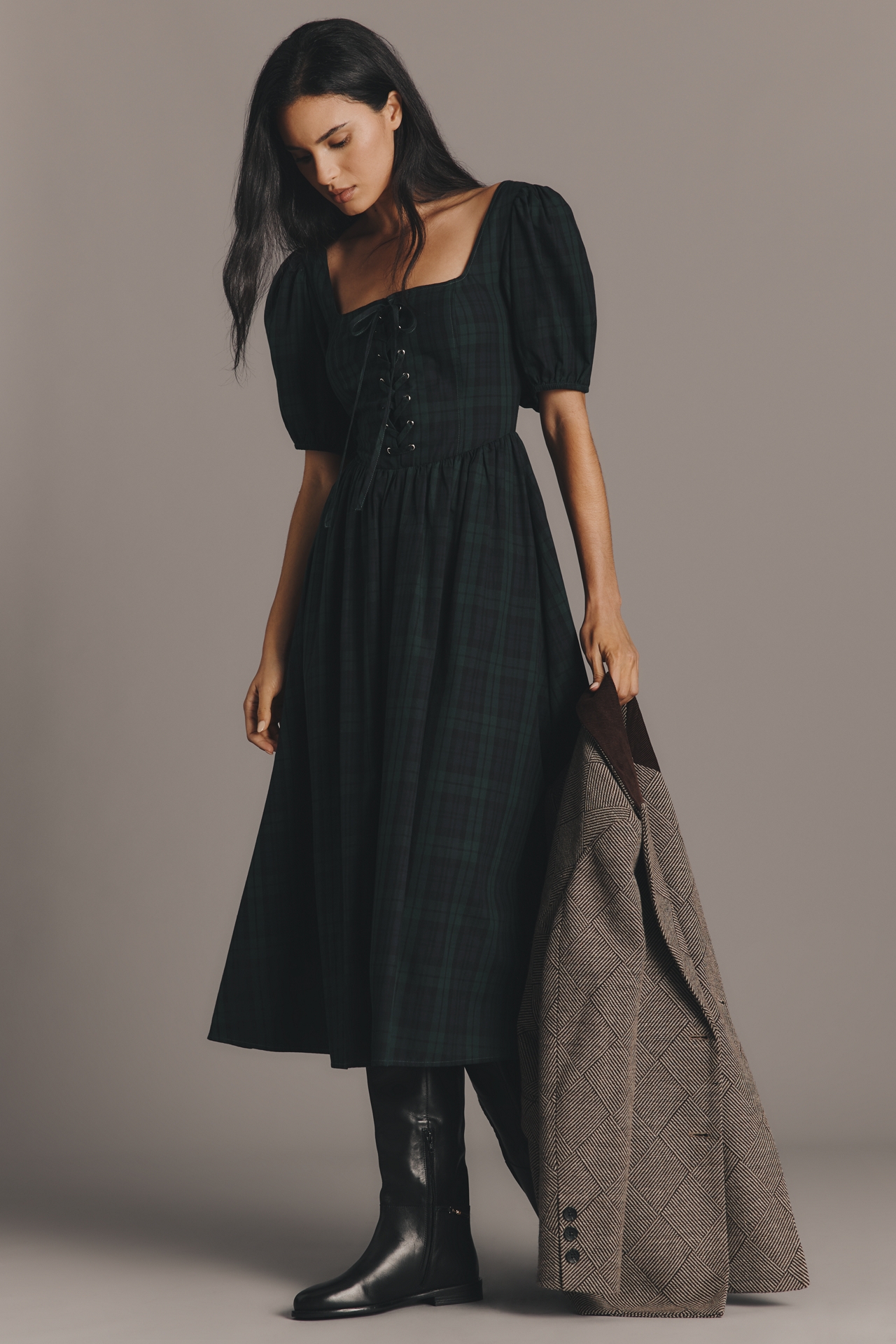 Moon River Short-Sleeve Square-Neck Lace-Up Midi Dress
