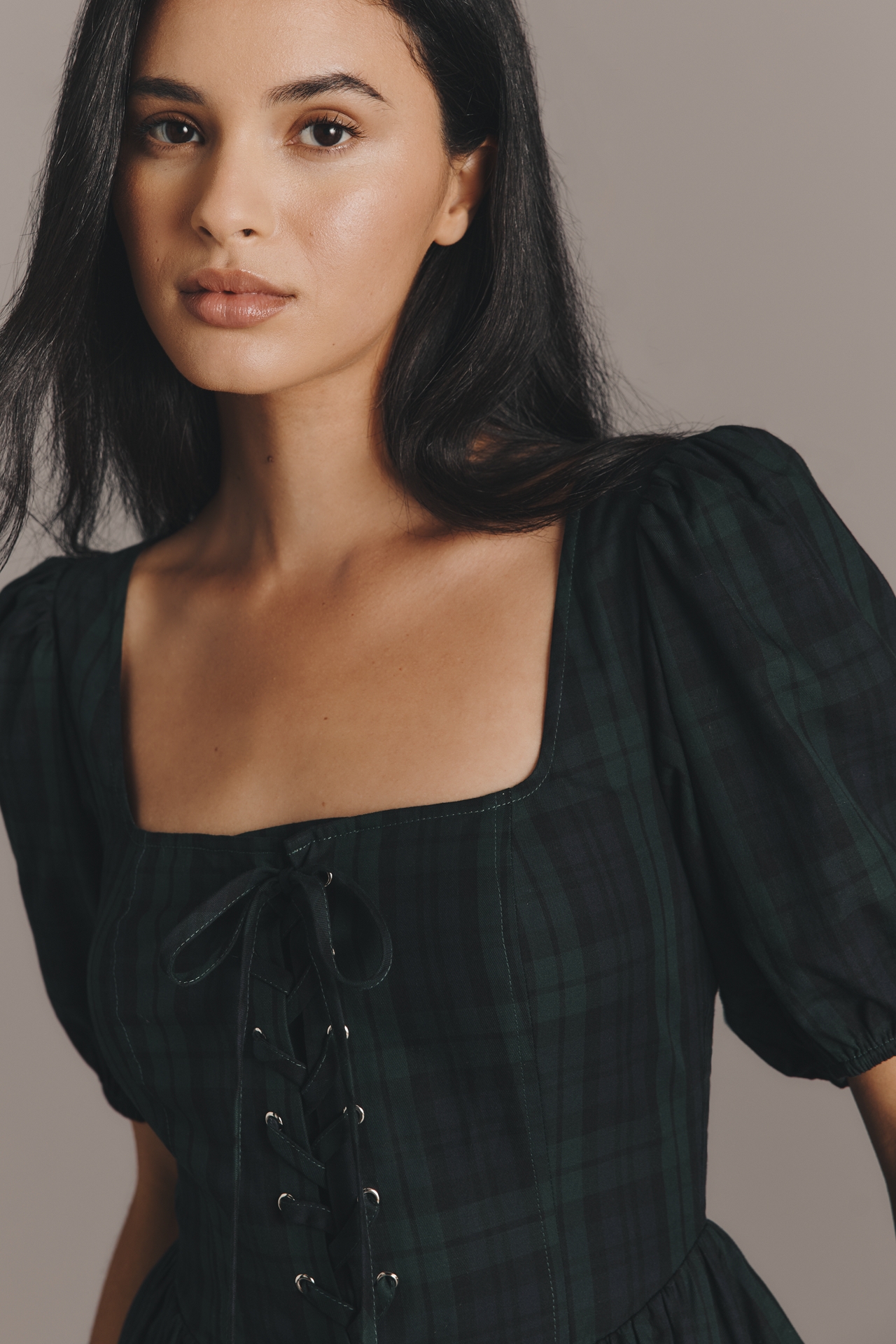 Moon River Short-Sleeve Square-Neck Lace-Up Midi Dress