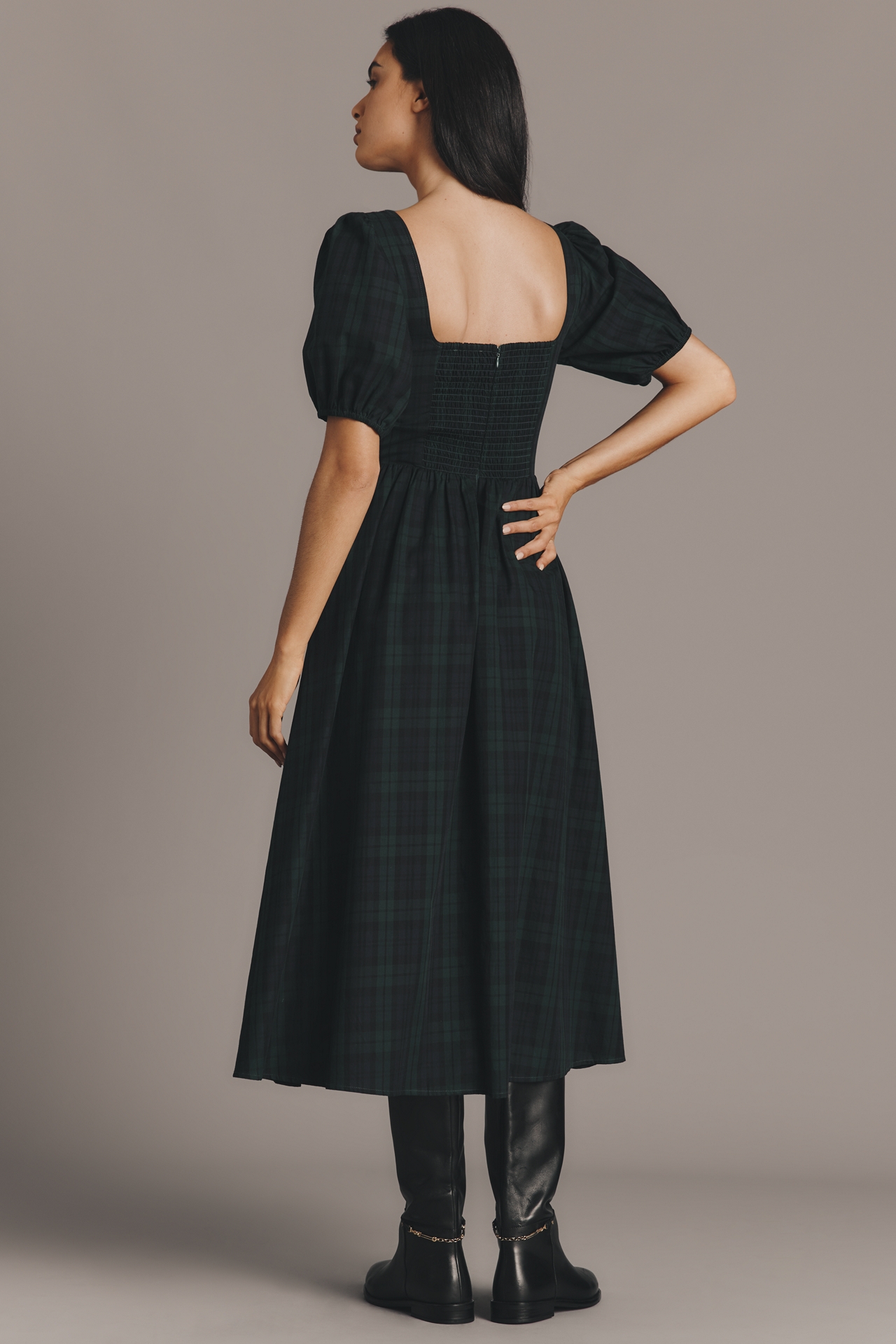 Moon River Short-Sleeve Square-Neck Lace-Up Midi Dress