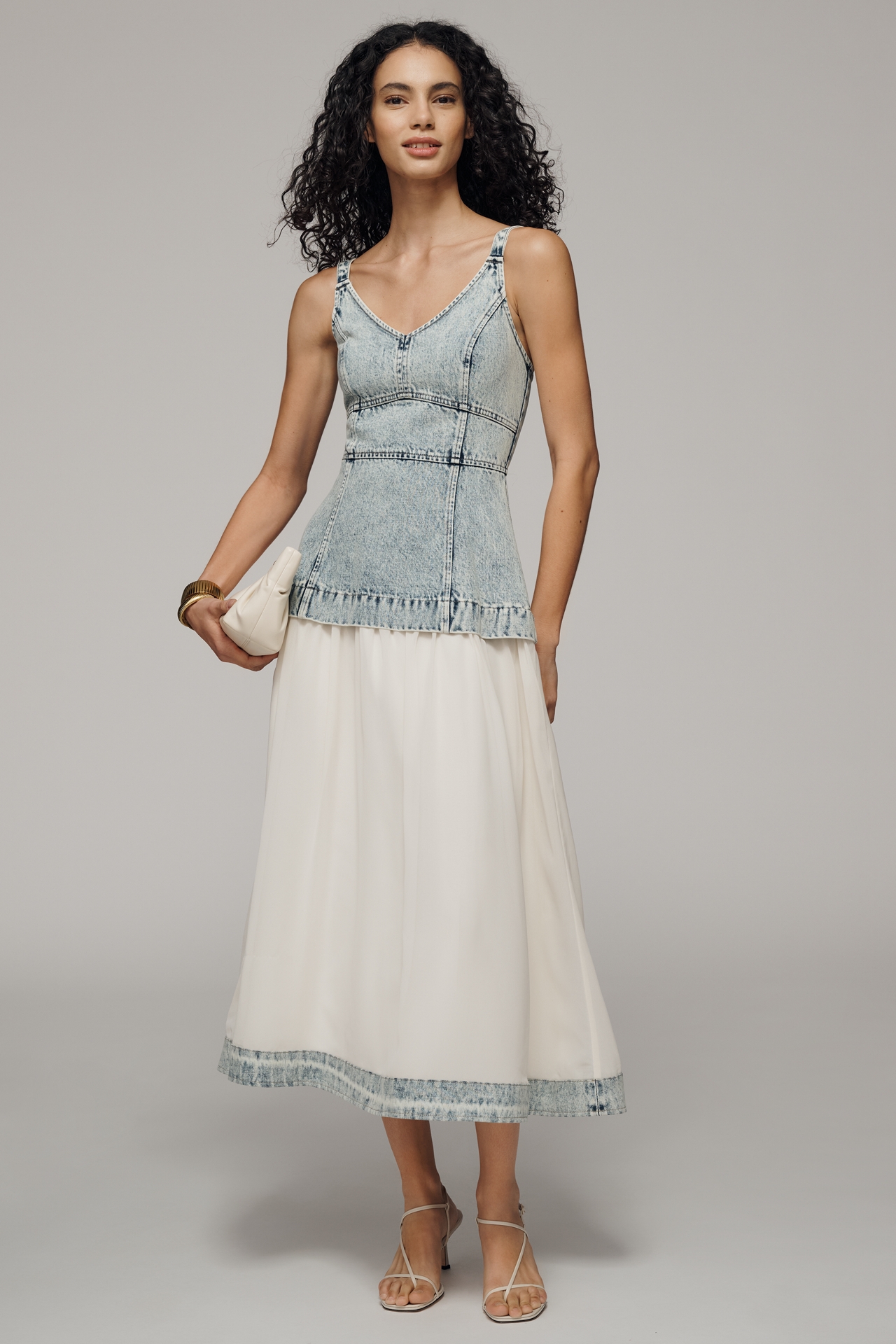 Moon River Denim V-Neck Midi Dress