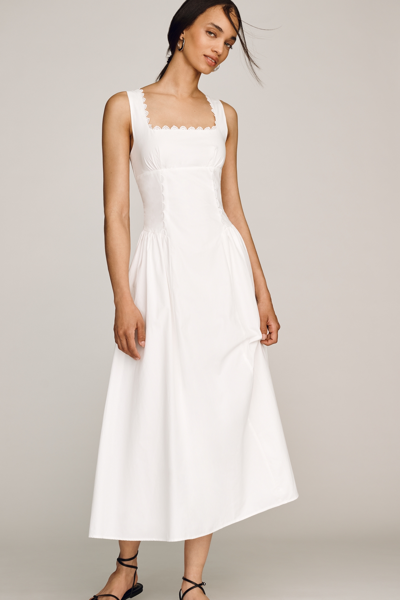 Moon River Cotton Square-Neck Midi Dress