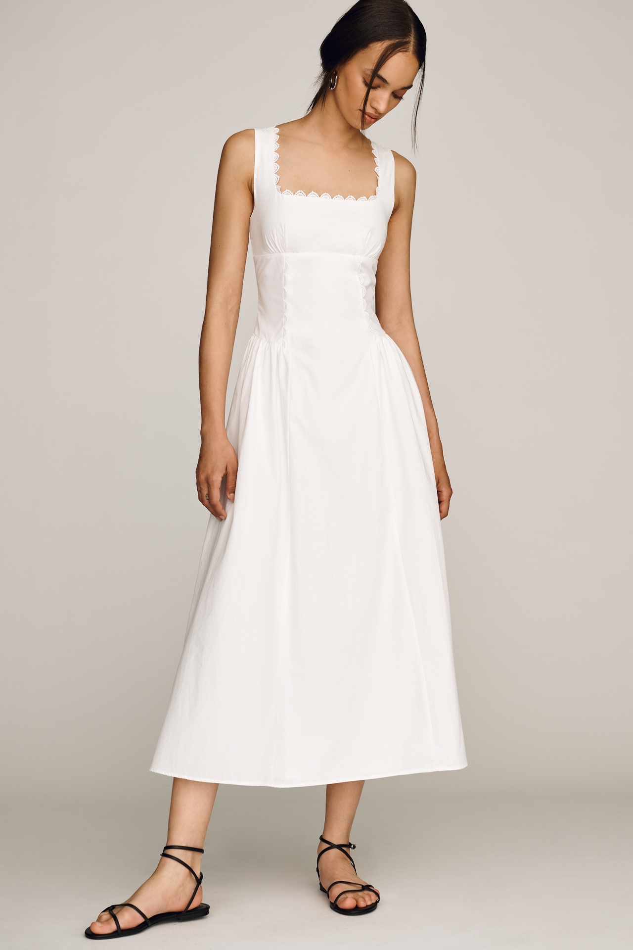 Moon River Cotton Square-Neck Midi Dress