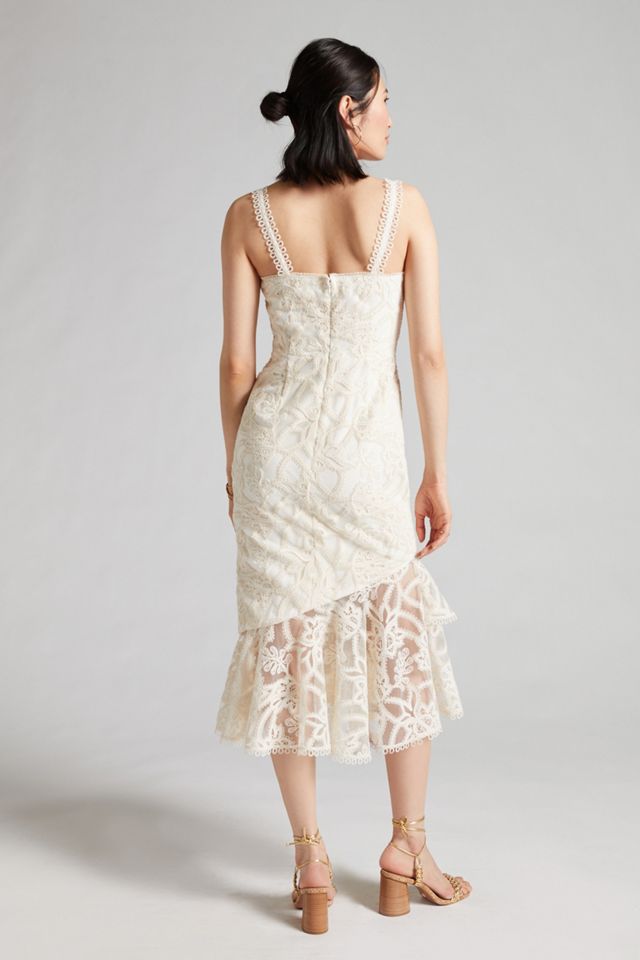 ML Monique Lhuillier Flounced Lace Midi Dress | Anthropologie