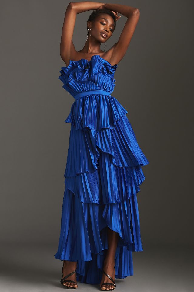 AMUR Strapless Pleated Ruffled Maxi Dress | Anthropologie