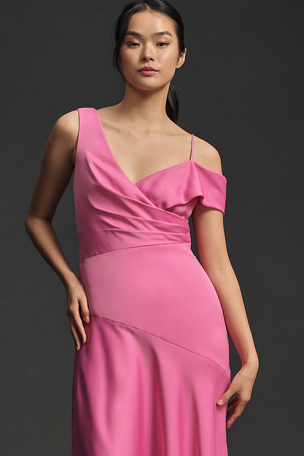Shop ml Monique Lhuillier Asymmetrical Satin Midi Dress In Pink